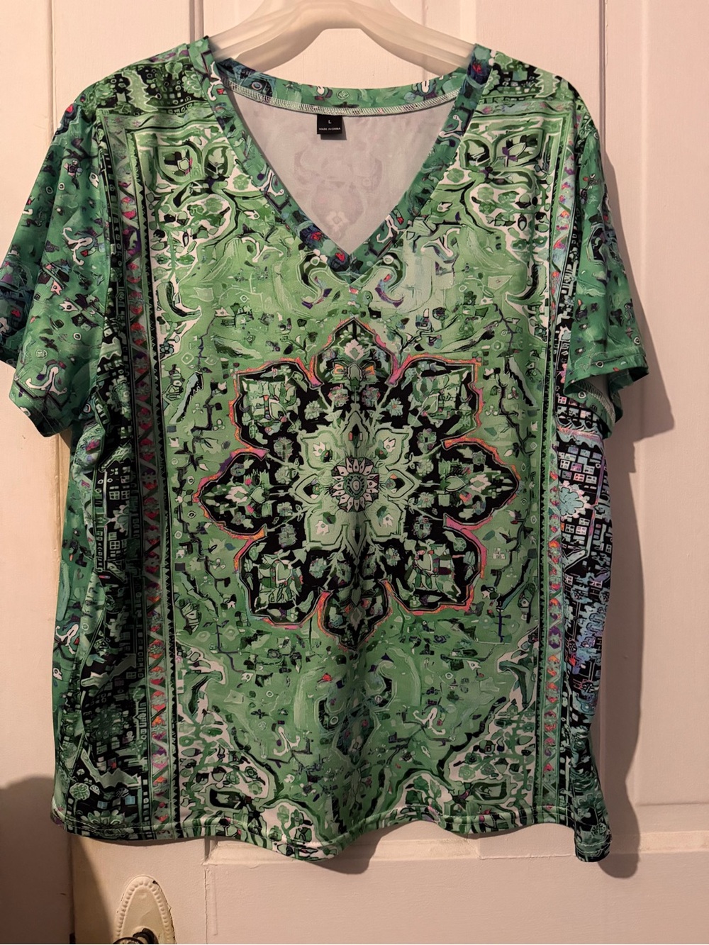 Green Floral Medallion V-Neck Top